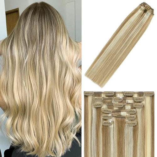 WindTouch Clip in Hair Extensions Human Hair Mixed Bleach Blonde 12Inch 70g Highlights for Blonde 7PCS #18P613
