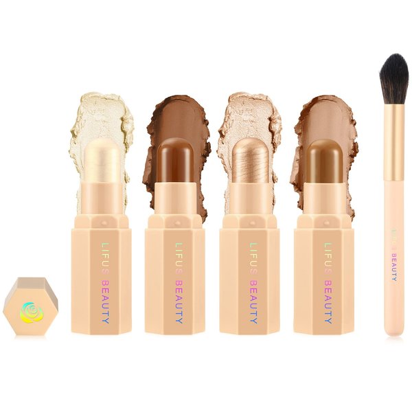 LIFUS Face Cream Contour Stick Bronzer Stick Highlighter Stick Illuminator Makeup Glow Kit,Long Lasting Highly Piamented Skin Brighten Shadow Contour Bronzer Highlighter Powder Pen Pencil-F2