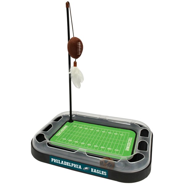 KITTY TOYS NFL PHILADELPHIA EAGLES FOOTBALL FIELD CAT SCRATCHER TOY with CATNIP Filled Plush FOOTBALL Toy & Feather Cat Toy hanging, with Jingle Bell INTERACTIVE BALL Cat Chasing 5-in-1 KITTY Toy