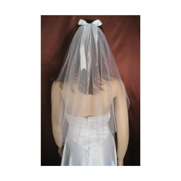 Ivory Flower Girl 1 Tier Wedding Communion Veil Satin Ribbon Bow Scattered Pearls