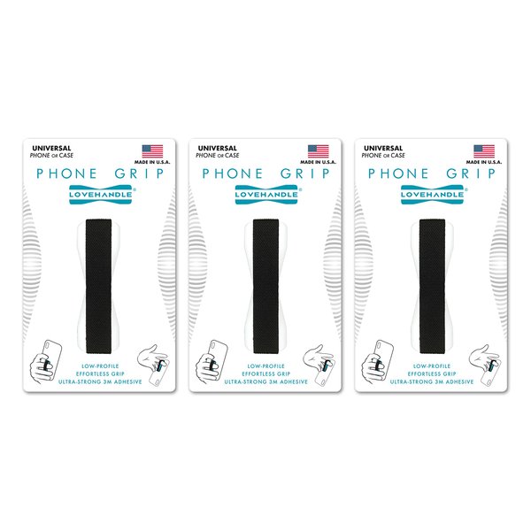 LOVEHANDLE Universal Phone Grip for Most Smartphones, Mini Tablets and Cases, Black Elastic Strap with White Base, Pack of 3, LH-01-3PackWhite