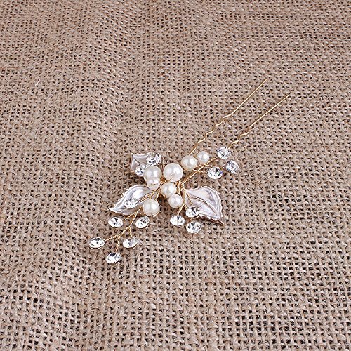 Ammei Headpiece Gold Wedding Headpieces For Bride Handmade Leaves Design Bridal Hair Pins with Rhinestones and Pearls Set Of 2 (Gold)