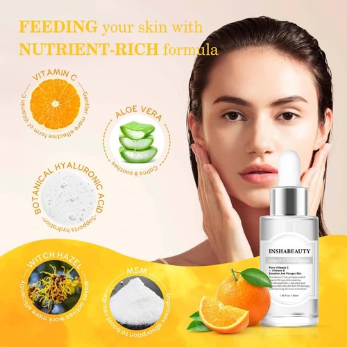 Inshabeauty vitamin c face serum hyaluronic acid, vitamin e,Skin care,beauty, korean skin care,personal care products, Anti ageing,Anti wrinkles, Smoother and Plumper Skin 40ml.