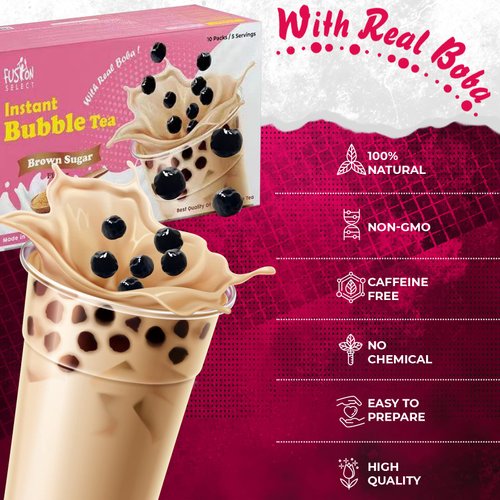 Fusion Select Authentic Bubble Tea Kit Extra Rich (5 Packs) Bubble Tea Drink, Boba Tapioca Pearl, Straws, Popular Bubble Tea Flavors (Brown Sugar Milk Tea)