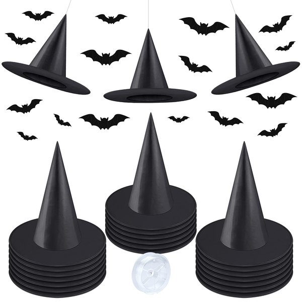 ELECLAND 20Pcs Halloween Costume Witch Hat Caps with 328 Ft Hanging Ropes and 16Pcs Scary 3D Bat Stickers, Halloween Costume Accessories, Halloween Decorations