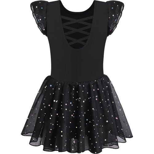 MOLLDAN Girls Dance Leotards for Ballet Dress Shiny Skirt Ruffle Sleeve Crisscross Back(QT4043-06-M) Black