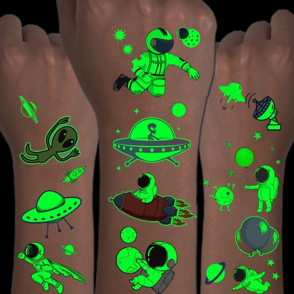 CHARLENT Luminous Outer Space Tattoos for Kids - 14 Sheets Glow in The Dark Astronaut Spaceship Planet Temporary Tattoos for Boys Girls Birthday Party Favors Goodie Bag Fillers