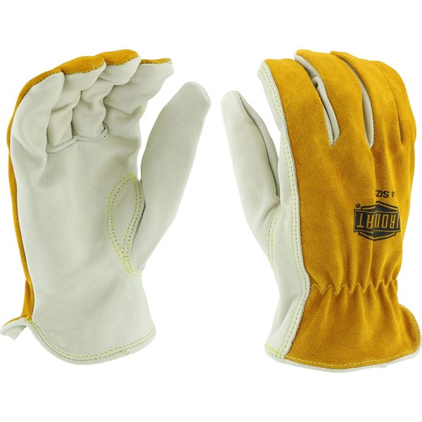 IRONCAT 9414 Premium Split Cowhide Gloves –Tan/Gray, Medium, Grain Leather Driver Work Gloves w/ Keystone Thumb Brown