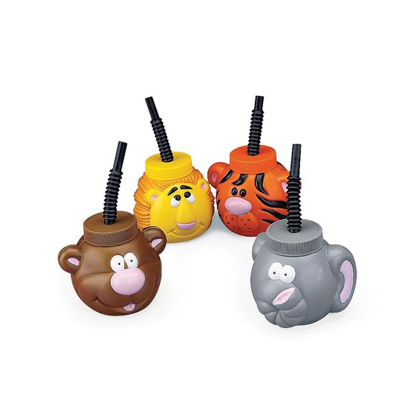 Fun Express Set of 12 Pieces Zoo Animal Cups with Straws, Holds 14 oz, BPA Free Plastic, Safari and Zoo Themed Party Supplies, Multi-Color - VBS Vacation Bible School Supplies/Décor
