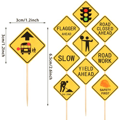 100 Pieces Construction Cupcake Topper Road Sign Birthday Cake Toppers Construction Theme Cupcake Toppers Construction Cake Decorations Construction Road Sign Picks for Kids Birthday Party Supplies