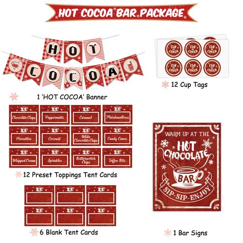 Hot Cocoa Bar Kit Hot Cocoa Banner Hot Chocolate Bar Sign Toppings Tent Cards Cup Tags Stickers for Wintertime Holiday Christmas Party New Year Party Baby It's Cold Outside Decorations (Red and White Style)