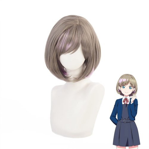 Aadesso Anime LoveLive!Superstar!! Cosplay Wig Tang Keke Wig Short Brown Mixed Purple Wig Halloween Party Daily Synthetic Hair Wig With Wig Cap