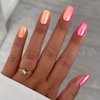 MISUD Square Press on Nails Medium Fake Nails Glossy Glue on Nails Bright Pink Orange Ombre Chrome Acrylic Nails Pearl Flash Artificial Nails Squoval Aurora False Nails with Design 24 pcs
