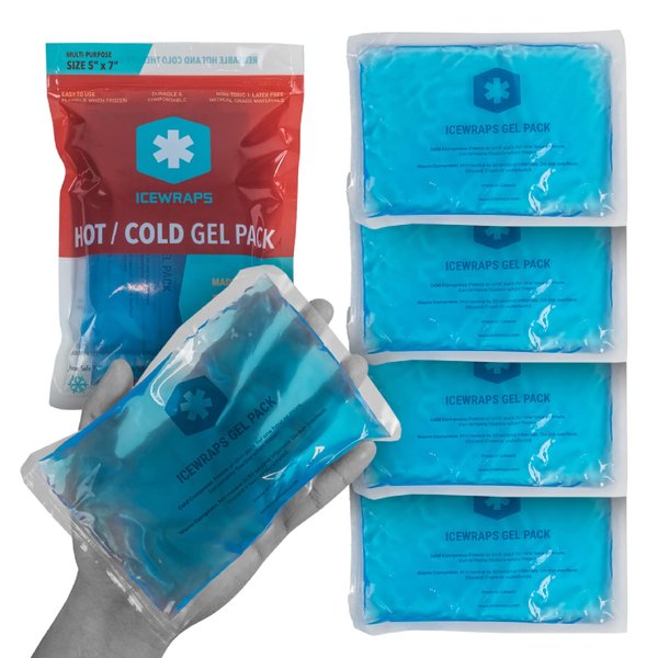 ICEWRAPS 5x7 Gel Ice Packs For Injuries Reusable | Hot Cold Gel Pack for Injuries, Pain Relief, and Migraines | Soft Ice Pack For Arm, Leg, and Back Brace | Flexible Gel Compress Ice Packs | Pack of 4