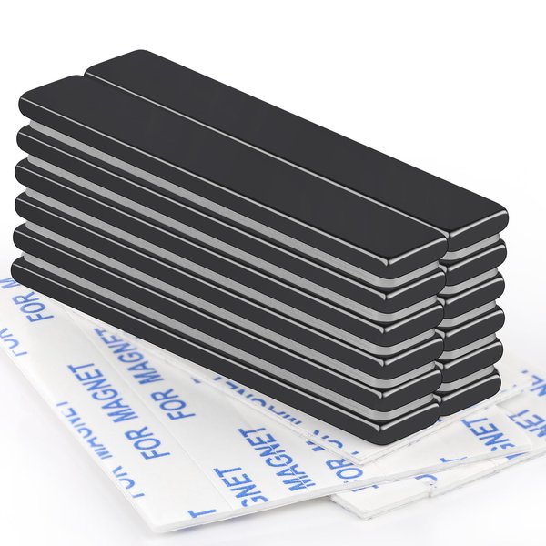 TRYMAG Strong Neodymium Black Magnets Bar, 12 Pack Powerful Rare Earth Magnets with Double-Sided Adhesive, Waterproof Black Magnetic Magnet Strips Heavy Duty for Kitchen, DIY, Office - 60 x 10 x 3 mm