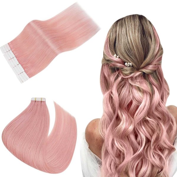 Easyouth Pink Tape in Hair Extensions Human Hair Tape ins Extensions Human Hair Colored Pink Tape in Human Hair Extensions Silky 18Inch 20pcs 40g