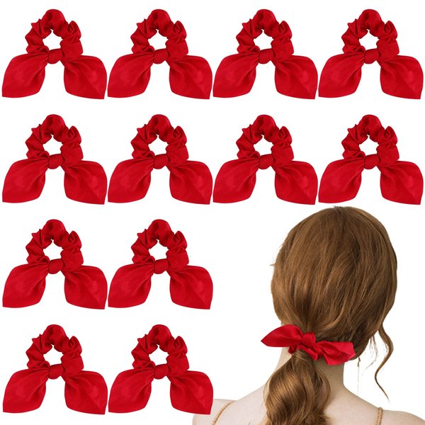 ACO-UINT 12 Pack Scrunchies, Bow Hair Scrunchies for Thick Hair, Red Hair Ties Bunny Ear Scrunchies Satin Scrunchies, Hair Accessories Scrunchies with Tails for Girls