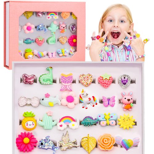 Newmemo Little Girl Jewel Rings Adjustable Rings Gift for Girl Cute Ring Toys No Duplication Kids Play Rings in Box,Pretend and Dress Up Rings for 4-12 Year Old Girls Birthday Gifts Holiday Gifts