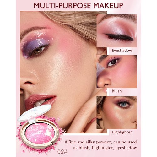 Baked Powder Blush-Brighten Glow Marbleized Blush Powder Palette,Lightweight Shimmery Cruelty-Free face Blush for Cheeks,Eyeshadow & Highlight,Makeup Gift for Women rubores de maquillaje(0.49Ounce)-02