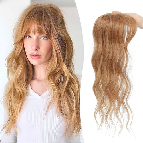 Fine Plus Clip in Bangs 360° Cover Mini Hair Topper Curly Bangs Hair Clip Fake Bangs Synthetic Wavy Hair Toppers for Women French Clip in Hair Extensions for Daily Wear(Ginger strawberry Blonde)