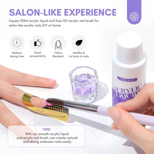 SAVILAND Monomer Acrylic Nail Liquid: 4 oz Acrylic Liquid Monomer with #12 Acrylic Nail Brush for Acrylic Powder Application, Non-Yellowing Acrylic Nail Monomer Liquid for DIY Home & Nail Salon Use