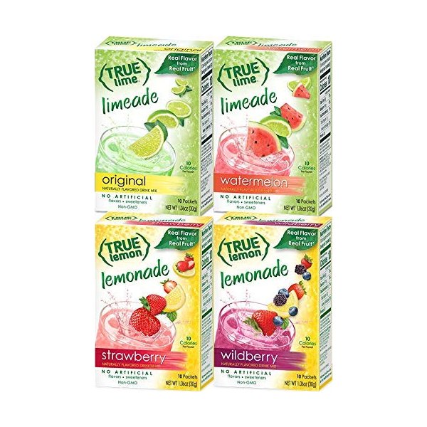 True Citrus Drink Mix Variety, Strawberry Lemonade, Wildberry Lemonade, Original Limeade, and Watermelon Limeade, 4 Pack