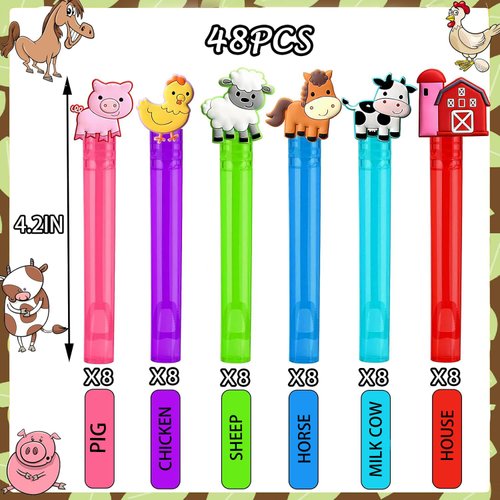 48 Pack Farm Party Favors Mini Bubble Wand,6 Style Barnyard Animal Theme Party Favors Neon Toys for Kids,Pink Cow Rodeo Birthday Party Decorations,Pinata Goodie Bag Stuffers Gifts for Kids (Farm)