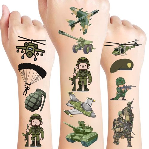 Army Temporary Tattoos - Army Birthday Decorations Military Tattoos Soldier Helicopter Tank Truck Favors For Party Décor Festival Holiday Gift Idea For Kid Boy Girl Christmas