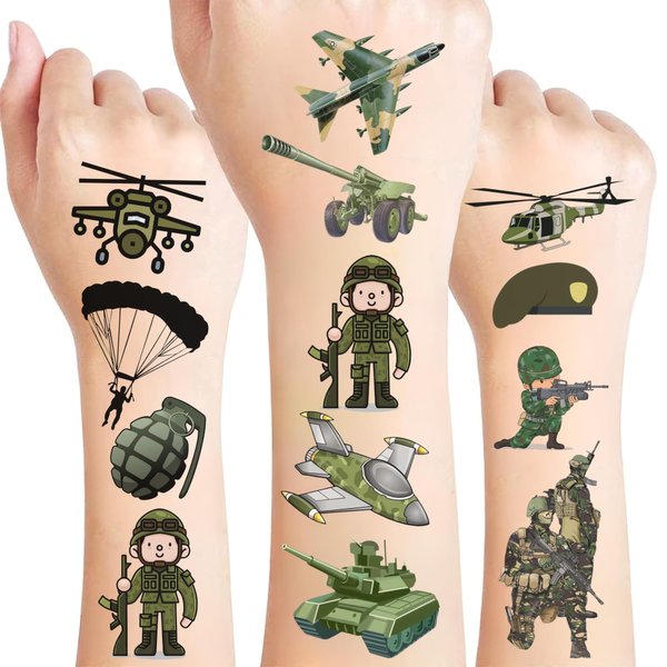 Army Temporary Tattoos - Army Birthday Decorations Military Tattoos Soldier Helicopter Tank Truck Favors For Party Décor Festival Holiday Gift Idea For Kid Boy Girl Christmas