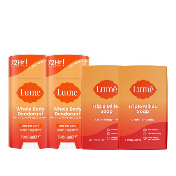 Lume Whole Body Deodorant And Soap - 2.6 Ounce Smooth Solid Stick With 72 Hour Odor Control and 5 Ounce Triple Milled Soap - Aluminum Free, Baking Soda Free and Skin Loving (Clean Tangerine)