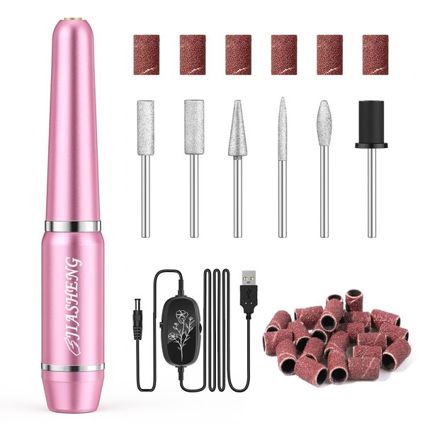 JIASHENG USB Electric Nail Drill, Nail Drill Portable Electric Nail File for Acrylic Gel Nails, Professional Nail Drill Kit Manicure and Pedicure Kit with Nail Drill Bits for Home and Salon Use, Pink