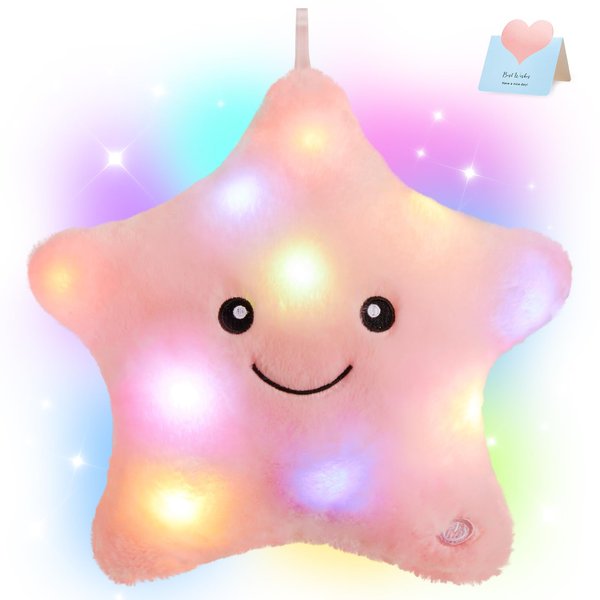 WEWILL 9'' LED Twinkle Star Soft Plush Pillow Toys Glowing Stuffed Star Light up Pillow Plush with Colorful Night Lights Birthday Valentines Day Gift for Toddler Kids(Pink)