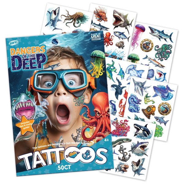 Savvi - 50 Sea Creature Temporary Tattoos: Skin-Safe Ink, Great for Birthday Parties, Gifts for Boys and Girls Ages 4-12+, Made in the USA [6 sheets, 50 count]