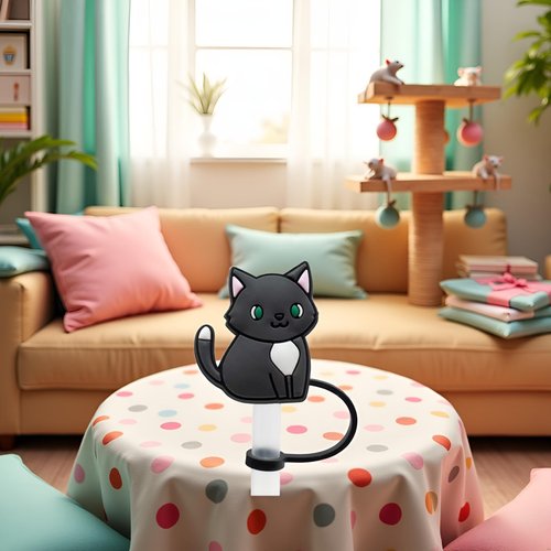 Black Cute Kitten Straw Tips Cover Reusable Straw Toppers Dust-Proof Straw Cover Plugs for Drinking Straws Party Birthday Party Gifts Portable for 6 8mm Small Size Straw Caps Decoration