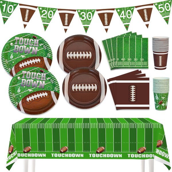 74Pcs Football Party Decorations Supplies Super Bowl Party Decoration Set Include Dinner Plates, Dessert Plates, Napkins, Cups, Banner and Tablecloth Football Birthday Party Favors Kit
