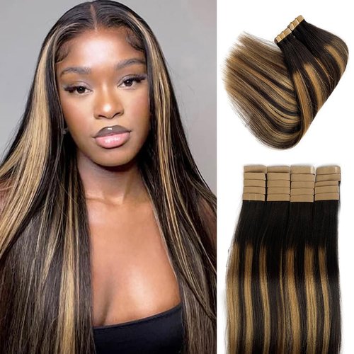 Yaki Tape in Hair Extensions Human Hair Colored 1B/27/1B Off Black Fading to Honey Blonde Highlight Glue in Human Hair Extensions Invisible Hair Extensions Yaki Straight Tape ins Full End