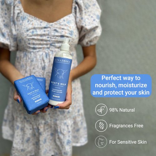 Sunaroma Goat Milk Bath & Body Set - Goat Milk Soap and Lotion - Includes 2 Sunaroma Natural Soap Bars (8 oz each) and 1 Goat Milk Lotion (11.5 oz) - Made with Organic Ingredients
