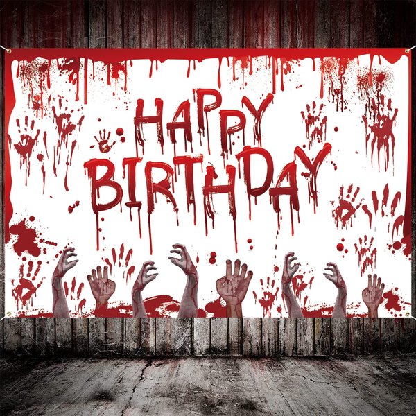 DARUNAXY Halloween Birthday Party Decorations, Halloween Birthday Banner Backdrop Scary Red Handprint Happy Birthday Photography Background Horror Broken Hands Halloween Zombie Vampire Party Supplies