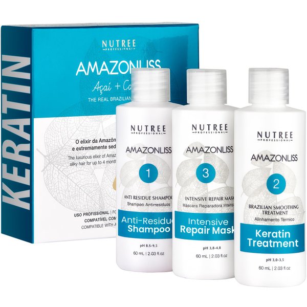 Keratin Hair Treatment Straightening Set 2.03 Fl Oz Natural Ingredients ACAI - Smooths, Softens, Moisturizers, Adds Shine, Reduces Frizz. Packaging may vary (Amazonliss 3 Steps Keratin 2.03 Fl Oz)