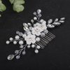 Teyglen Flower Bride Wedding Hair Comb Bridal Pearl Flower Hair Piece Silver Rhinestone Headpiece Crystal Side Comb Decorative Hair Accessories for Women Girls