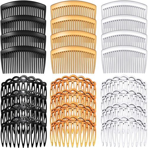 WILLBOND 24 Pieces French Side Hair Comb Clip Set Plastic Twist Comb Hair Clip Combs Accessories with 11/23 Teeth French Hair Side Combs for Girls Women (Black, Transparent, Brown)