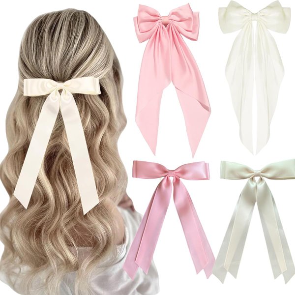 Big Hair Bow Ribbon Bow Hair Clips 4 Pcs, Silky Satin Hair Bowknot Headbands, Oversized Long Tail Hair French Barrettes Metal Clips Hair Ponytail Holder Accessories for Women Girls Gift, Pink+Beige