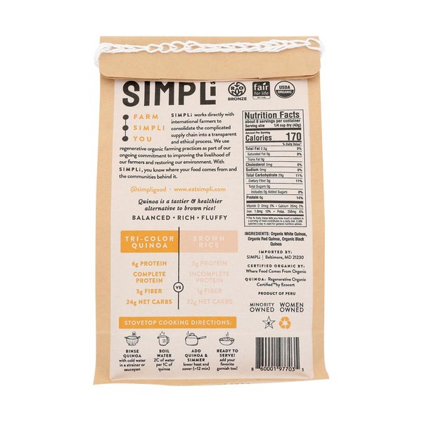 SIMPLi Regenerative Organic Certified ® Tri-Color Quinoa, 12 OZ