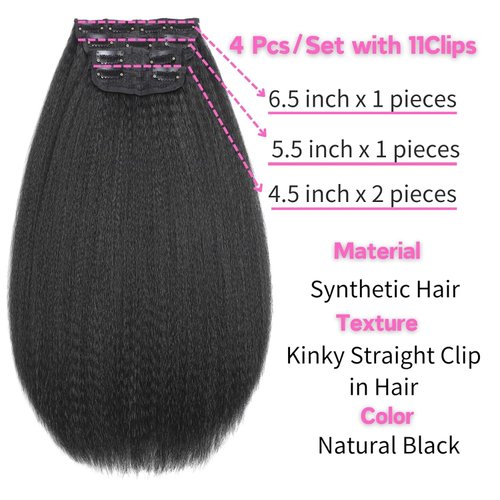 12 Inch Kinky Straight Clip ins Hair Extensions for Black Women Full Head Yaki Straight Seamless Clip ins Synthetic Hair Pieces 4 Pieces with 11 clips