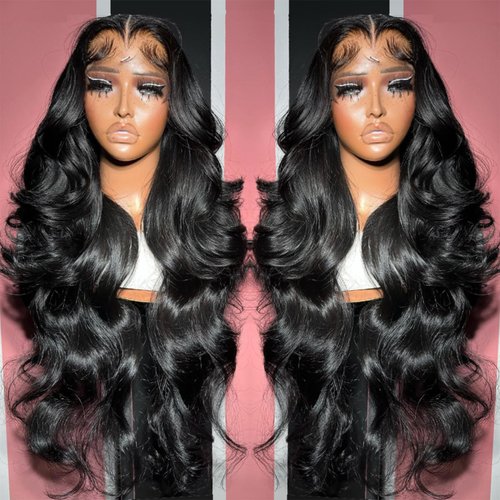 ANDRIA Long Loose Wave Lace Front Wigs Natural Black Body Wave Glueless Lace Wig Synthetuc Heat Resistant Fiber Hair Wig with Pre Plucked Natural Hairline For Black Women 24 Inch Wig