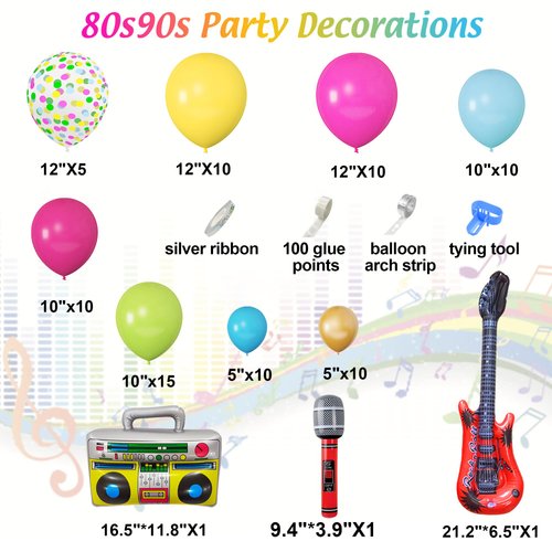 Amandir 90s 80s Theme Party Decorations, 90Pcs Balloon Arch Kit 6PCS Inflatable Retro Disco Ball Microphone Rainbow Roller Skate Boom Box Guitar Balloon for Back to 90s 80s Hip Hop Birthday Supplies