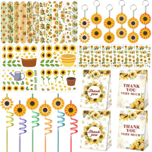 Erweicet Sunflower Party Favors 72 PCS Slap Braclets Temporary Tattoos DIY Stickers Keychains Straws Gift Bags for Summer Autumn Sunflower Theme Party Baby Shower Goodies Bag Filler