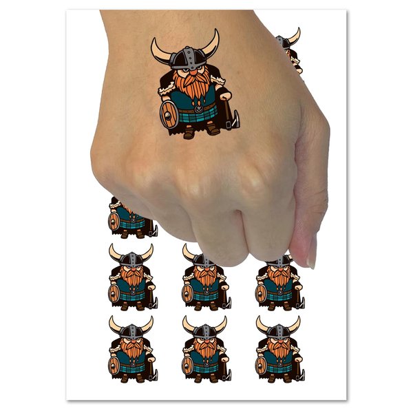Stout Bearded Viking with Horned Helmet Temporary Tattoo Water Resistant Fake Body Art Set Collection - 15 2" Tattoos (1 Sheet)