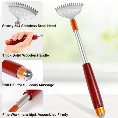 Azymi Back Scratcher, Metal Back Scratcher Telescopic Wooden Handle with Steel Roller Ball- Wide Claw, Azymi Face Head Scalp Butt Scratcher Back Massager Tool