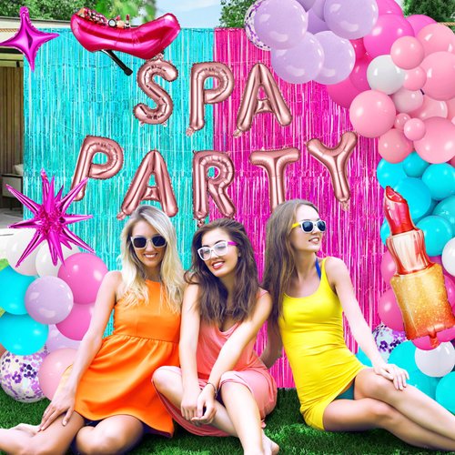 130PCS Spa Party Decorations for Women Girls Spa Party Balloons,Lipstick High Heel 4-Point Star Exploding Star Foil Balloon and Fringe Curtain for Spa Makeup Birthday Slumber Pamper Party Supplies